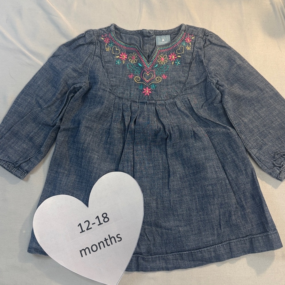 GAP - long sleeve denim style dress with embroidered flowers. Size 12-18 months